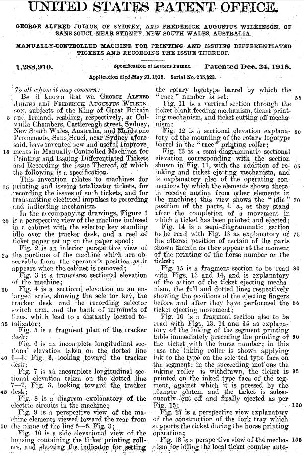a US patent US1288910 (A) description page 1